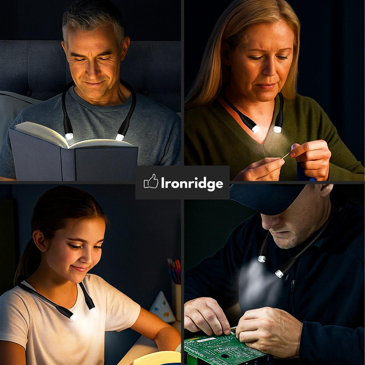 Ironridge® Neklamp Premium – Oplaadbaar – Met 3 Lichtstanden – Flexibele Armen – Handsfree Verlichting – Voor Lezen, Handwerken & Kamperen – Comfortabel & Gebruiksvriendelijk Design