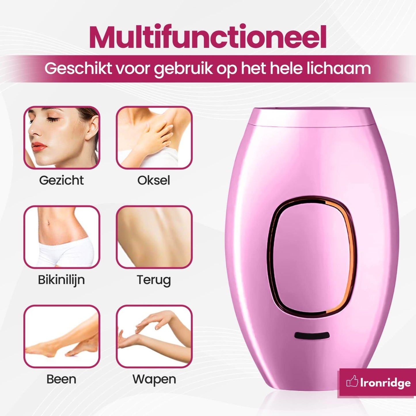 Ironridge® Laser Ontharingsapparaat Deluxe – Pijnarm – Met IPL-Technologie – 5 Intensiteitsniveaus – Voor Gezicht & Lichaam – Voor Langdurig Gladde Huid – Duurzaam Verzorgingsapparaat