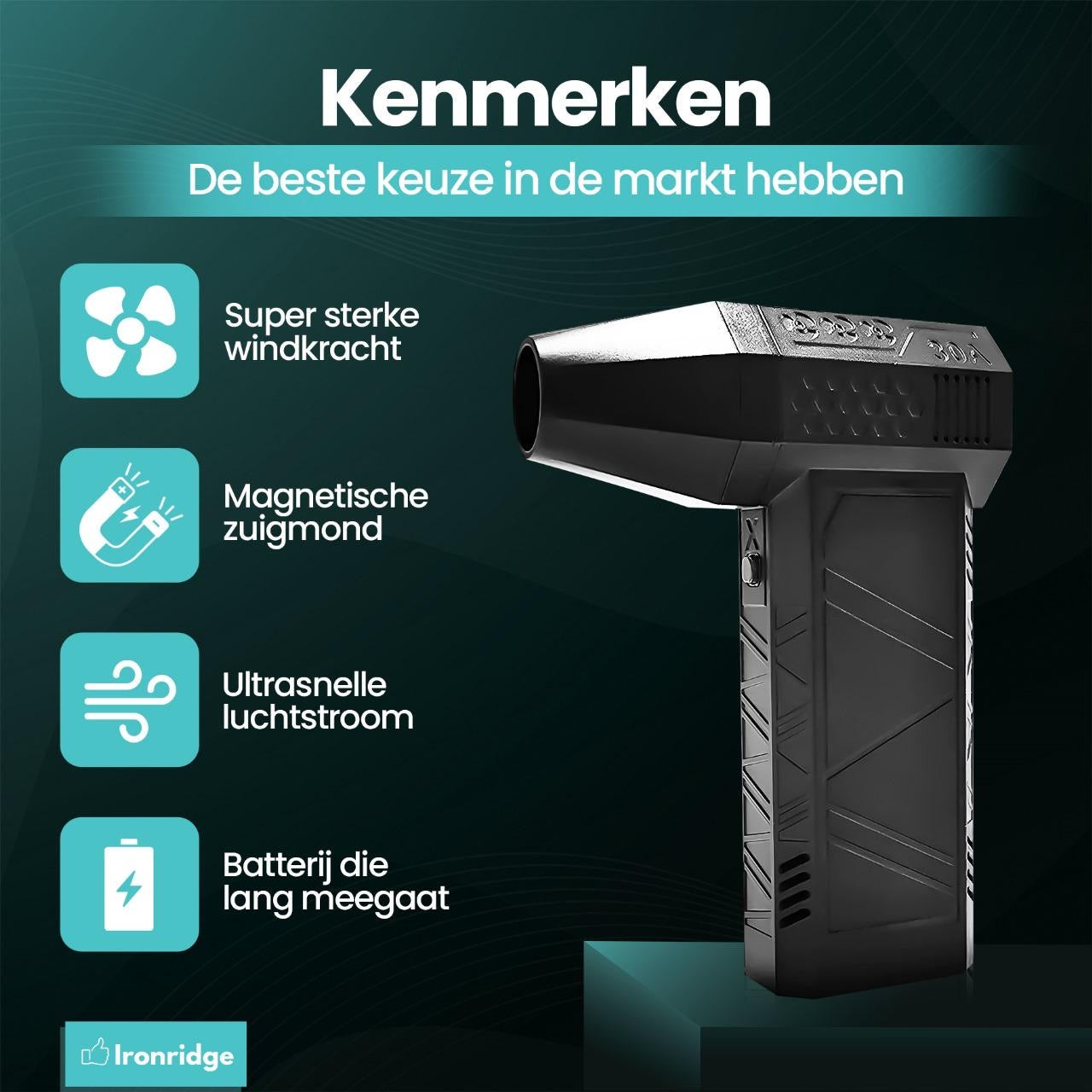 Ironridge® Turbofan Deluxe – Krachtige Luchtstroom – Oplaadbaar – Met Meerdere Snelheden – Compact & Draagbaar – Voor Verkoeling Thuis, Op Kantoor & Onderweg – Stil & Gebruiksvriendelijk Design