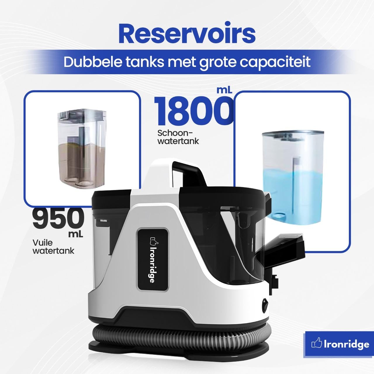 Ironridge® Tapijt- en Bekledingreiniger Premium – Krachtige Reiniging – Met Meerdere Opzetstukken – Voor Vlekken & Diepe Reiniging – Geschikt voor Banken, Tapijten & Autostoelen – Voor een Fris & Schoon Resultaat – Compact & Gebruiksvriendelijk Design