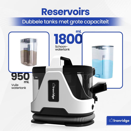 Ironridge® Tapijt- en Bekledingreiniger Premium – Krachtige Reiniging – Met Meerdere Opzetstukken – Voor Vlekken & Diepe Reiniging – Geschikt voor Banken, Tapijten & Autostoelen – Voor een Fris & Schoon Resultaat – Compact & Gebruiksvriendelijk Design