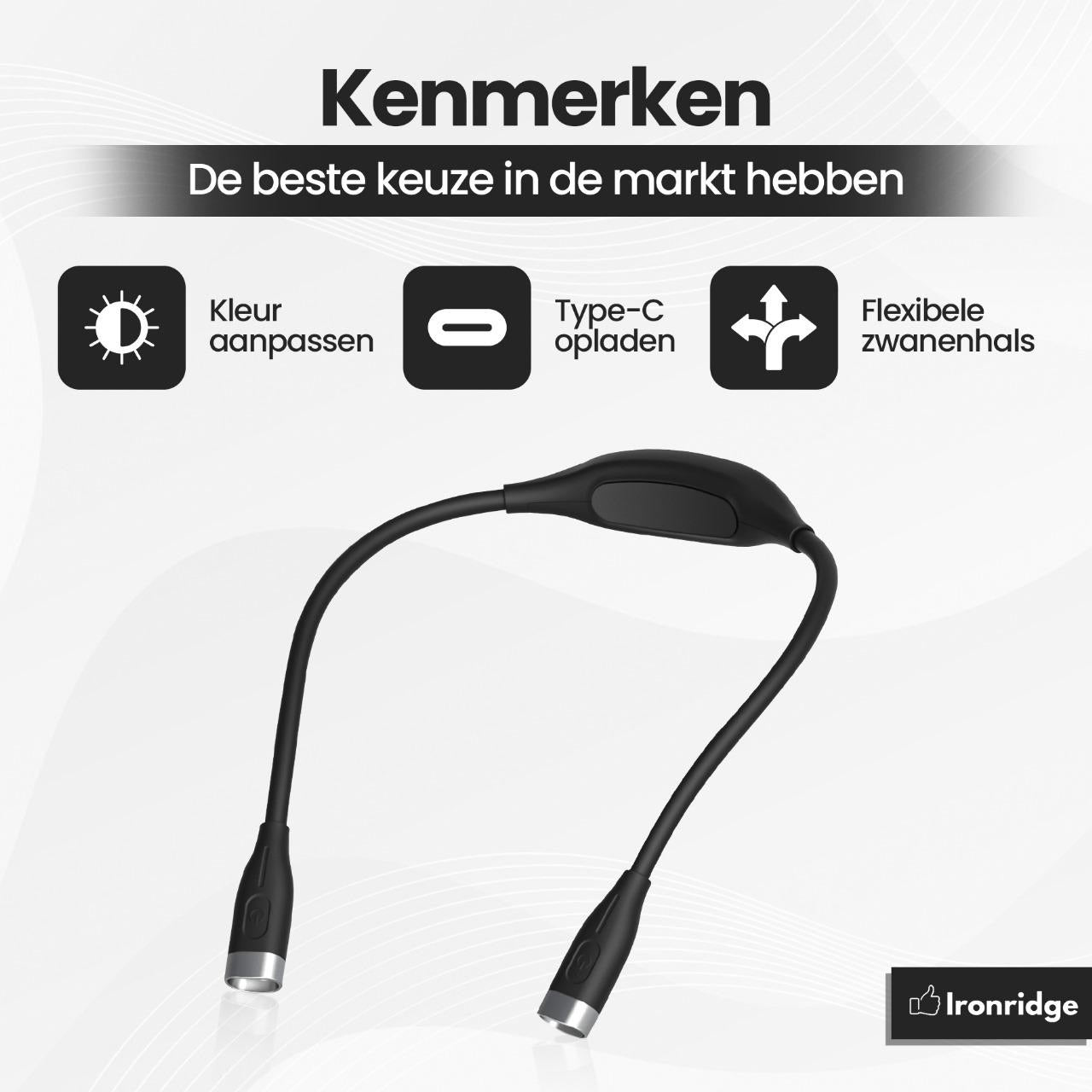 Ironridge® Neklamp Premium – Oplaadbaar – Met 3 Lichtstanden – Flexibele Armen – Handsfree Verlichting – Voor Lezen, Handwerken & Kamperen – Comfortabel & Gebruiksvriendelijk Design