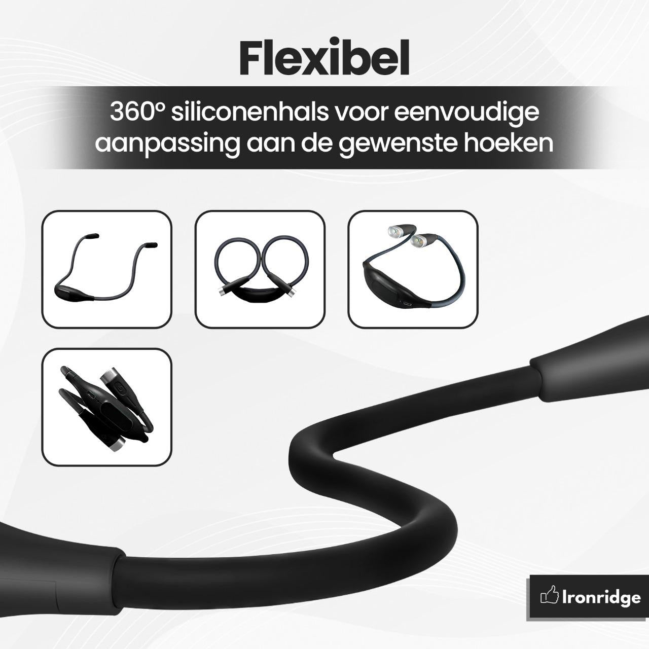 Ironridge® Neklamp Premium – Oplaadbaar – Met 3 Lichtstanden – Flexibele Armen – Handsfree Verlichting – Voor Lezen, Handwerken & Kamperen – Comfortabel & Gebruiksvriendelijk Design