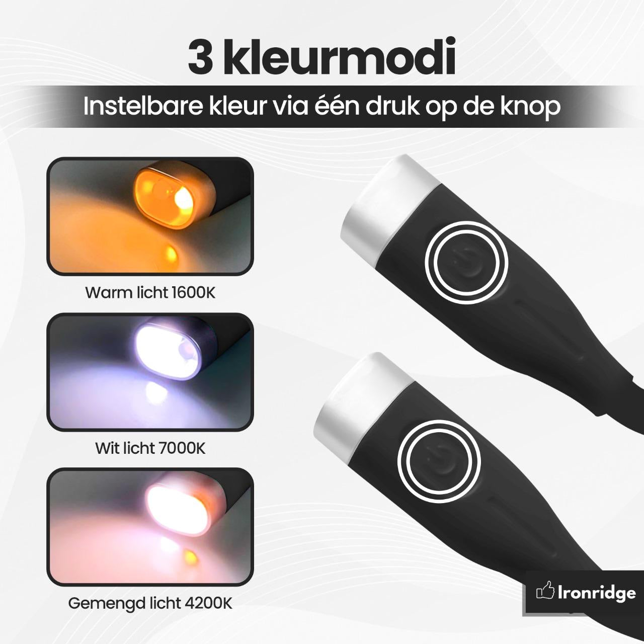 Ironridge® Neklamp Premium – Oplaadbaar – Met 3 Lichtstanden – Flexibele Armen – Handsfree Verlichting – Voor Lezen, Handwerken & Kamperen – Comfortabel & Gebruiksvriendelijk Design