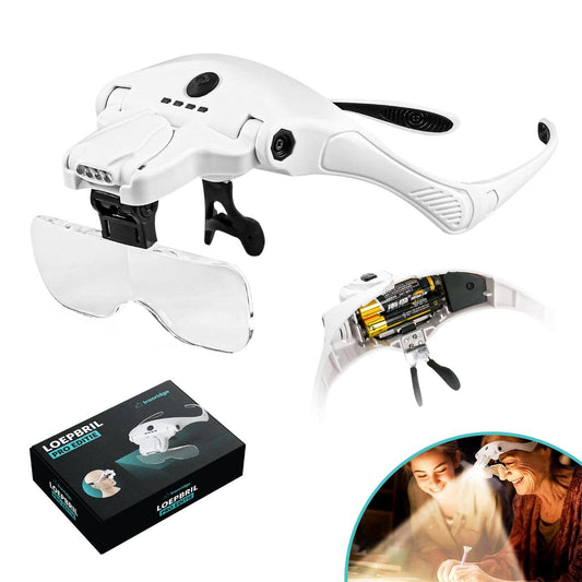 Ironridge® Loepbril met 4 LED Verlichting – USB-C Oplaadbaar – Vergrootglas Bril – Inclusief 5 Lenzen – Loeplamp voor Diamond Painting