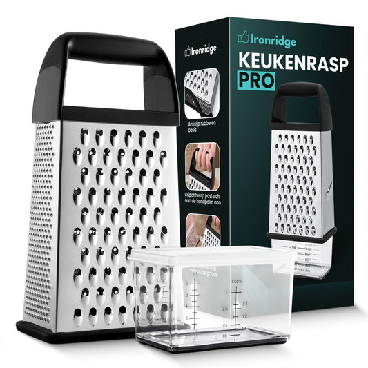 Ironridge® Keukenrasp Pro – 4-Zijdig – RVS – Met Opvangbak & Maataanduiding – Antislip – Multifunctionele Rasp – Voor Kaas, Groenten & Fruit – Zwart/RVS