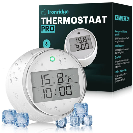 Ironridge Thermostaat Pro – Digitale Thermometer met Tijdweergave, Celsius/Fahrenheit en Waterbestendig Design