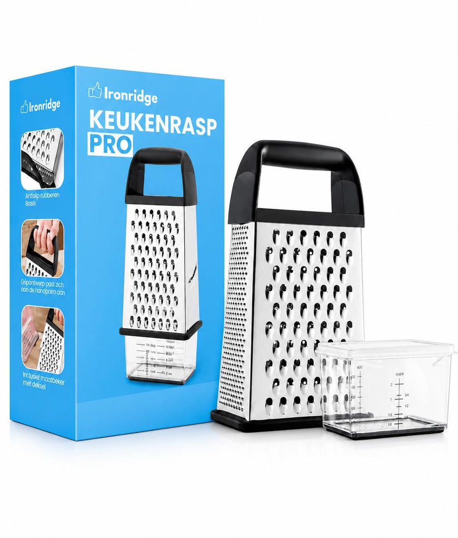 Ironridge® Keukenrasp Pro – 4-Zijdig – RVS – Met Opvangbak & Maataanduiding – Antislip – Multifunctionele Rasp – Voor Kaas, Groenten & Fruit – Zwart/RVS