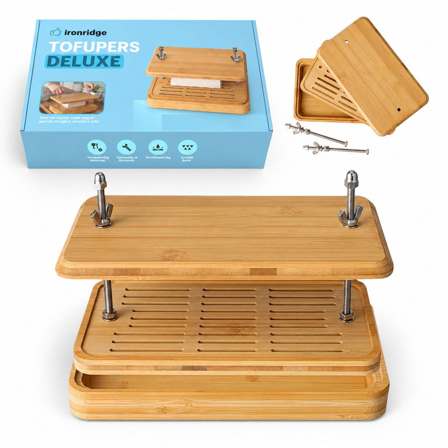 Ironridge® Tofupers Deluxe – Bamboe – Verstelbaar – Met Druipbak – Antislip – Voor Extra Stevige & Smaakvolle Tofu – Duurzaam Keukengerei